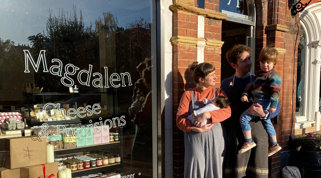 Rachel, Jacob and their children stand outside their new shop Magdalen Cheese & Provisions