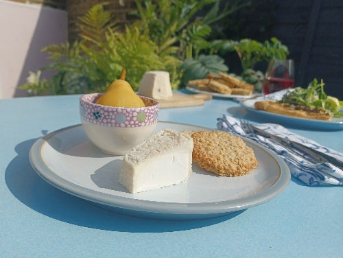 Goats Cheese with Poached Seasonal Fruit & Homemade Oat Biscuits